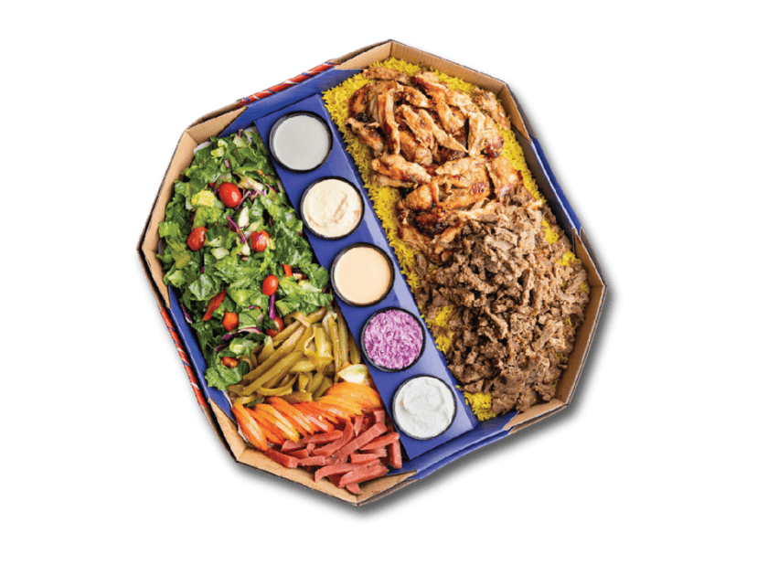 Family meal with shawarma, rice, fries, fattoush salad, saj bread and garlic sauce